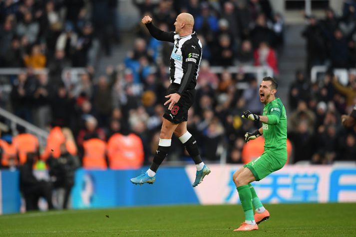 Shelvey fagnar jöfnunarmarki sínu.