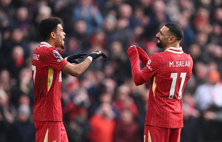 Luis Diaz og Mohamed Salah skoruðu mörk Liverpool í dag.