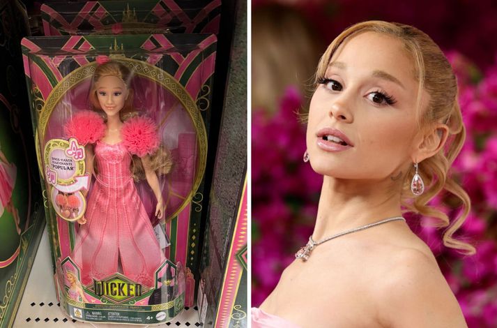 Ariana Grande leikur Glindu í myndinni Wicked. Aftan á Glindu-dúkkum Mattel mátti finna hlekk sem vísaði á klámsíðuna Wicked.com.