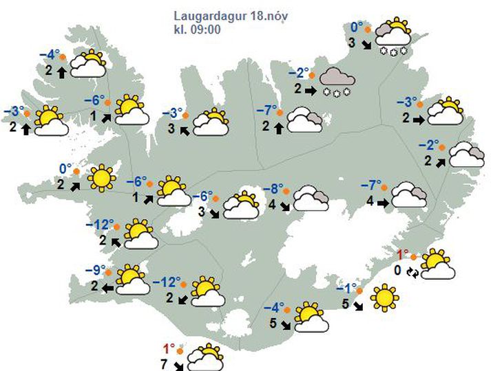 Á laugardag kólnar heldur mikið og getur frostið náð allt að átta stigum.