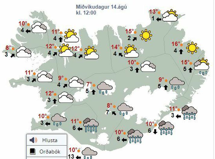 Um hádegisbil á að vera farið að rigna á Suður- og Suðausturlandi en ágætis veður verður á Norður- og Norðausturlandi.