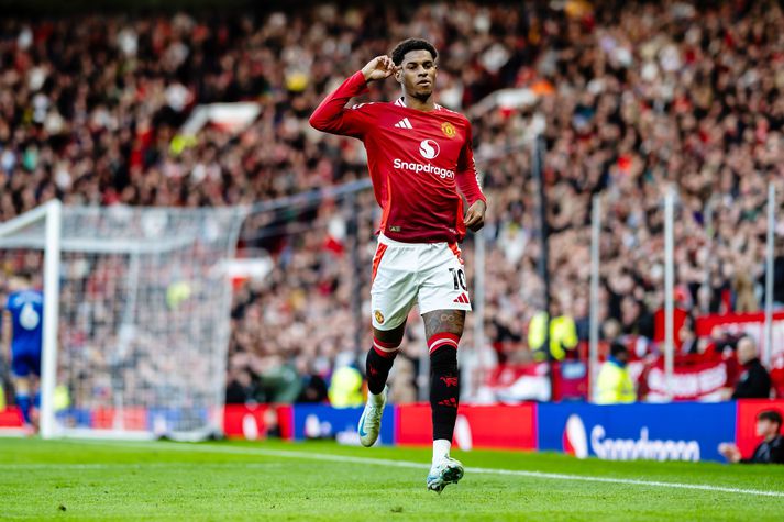 Marcus Rashford fagnar síðasta marki sínu Manchester United. Verða þau fleiri? Það er stóra spurningin.