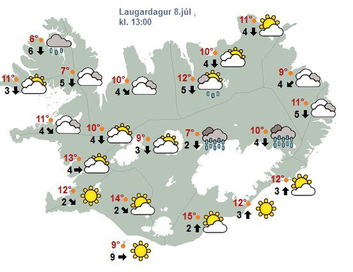 Spákort Veðurstofu Íslands fyrir hádegi á morgun lítur ágætlega út fyrir Suðurlandið.