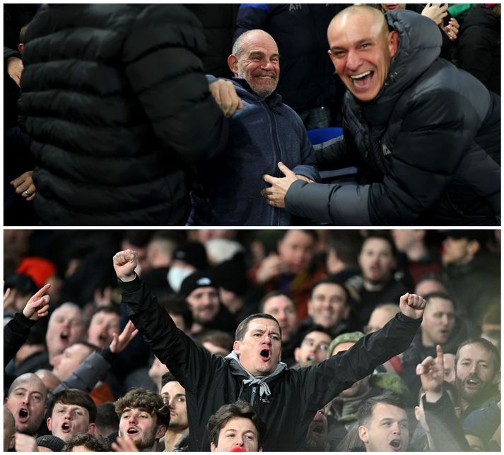 Stuðningsmenn Everton og Liverpool fagna í síðasta leik liðanna á Goodison Park.