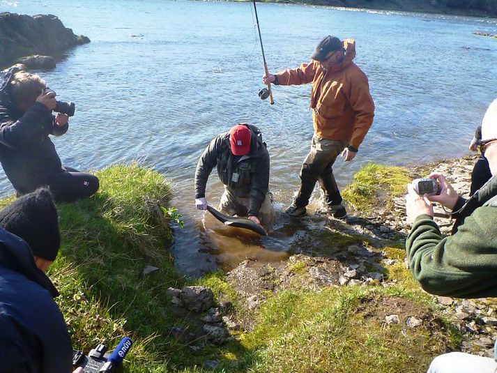 Mikil stemmning var við Norðurá í morgun enda fjöldi fólks kominn til að fylgjast með opnuninni þar á meðal fjölmiðlar.