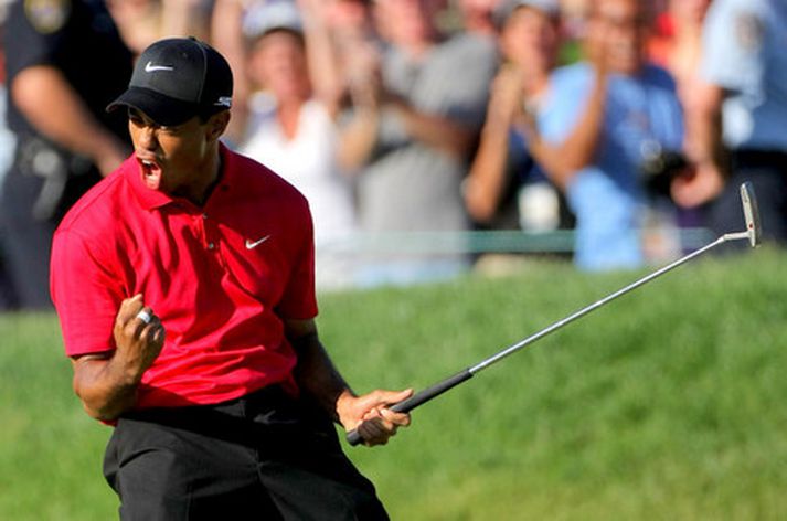 Tiger Woods fagnar fuglinum á átjándu holu í gær.