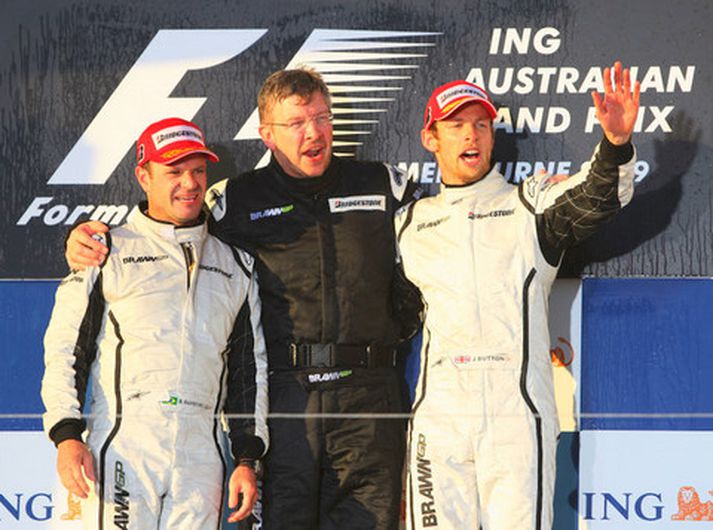 Ross Brawn með þeim Rubens Barrichello og Jenson Button.