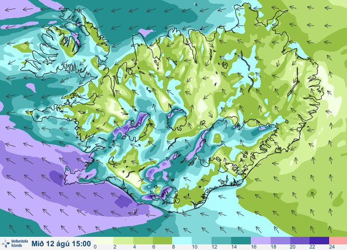 Vindaspá Veðurstofu Íslands klukkan þrjú í dag.