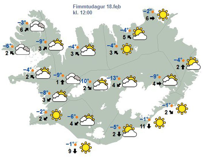 Spákort Veðurstofunnar klukkan 12 á hádegi í dag.