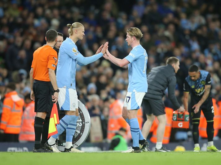 Erling Haaland kom inn sem varamaður fyrir Kevin De Bruyne í dag en Norðmaðurinn hefur verið frá vegna meiðsla undanfarið.