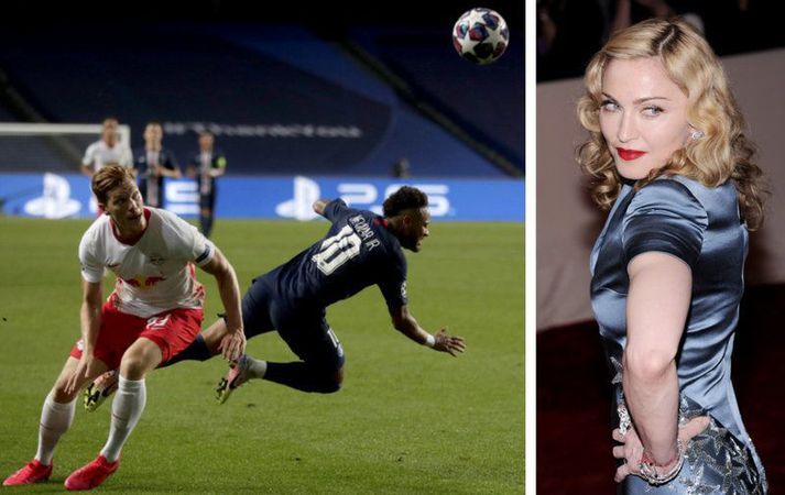 Madonna og mynd frá leik Paris Saint Germain og RB Leipzig í gær.