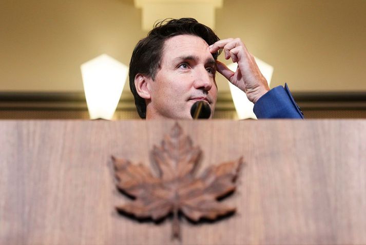 Justin Trudeau á blaðamannafundi í gær.