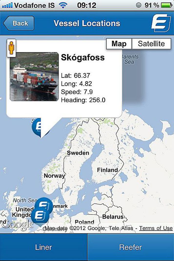 Skjáskot Auk þess að sjá stöðu sendinga er hægt að sjá staðsetningu skipa í nýju app-i Eimskips.
