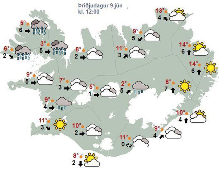 Spákort Veðurstofunnar fyrir hádegisbilið í dag.