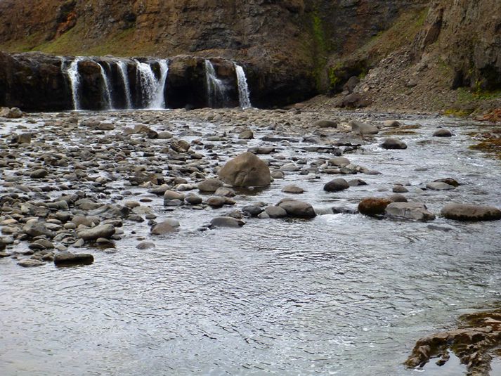 Í Hrútu. Svona leit Réttarfoss og Réttarstrengur, einn besti veiðistaður Hrútafjarðará, út í byrjun júlí. Töluvert af vatni hefur bæst í ána eftir rigningar síðustu daga.