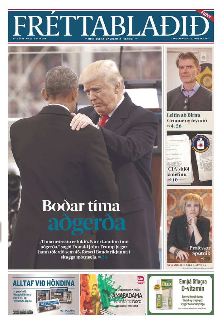 Á forsíðu Fréttablaðsins má sjá Donald Trump og hnakka fyrrverandi forsetans Baracks Obama.