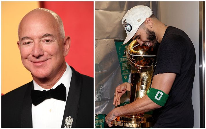 Jeff Bezos, eigandi Amazon og Jason Tatum, lykilmaður Boston Celtics með bikarinn.