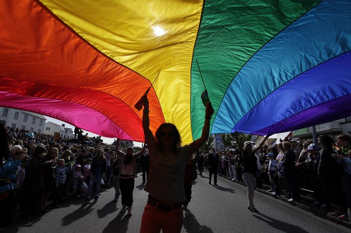 LBGT fáninn í gleðigöngunni í Reykjavík.