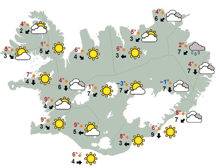 Spá Veðurstofu fyrir hádegið í dag.