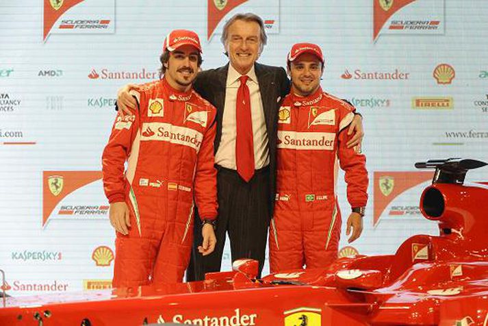 Fernado Alonso, Luca Montezemolo og Felipe Massa á frumsýningu Ferrari í gær.