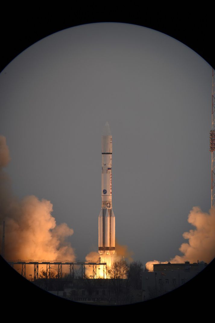 Flauginni með gervihnettinum ExoMars Trace Gas Orbiter (TGO) var skotið á loft í Baikonur í Kasakstan klukkan 9:31 í morgun.