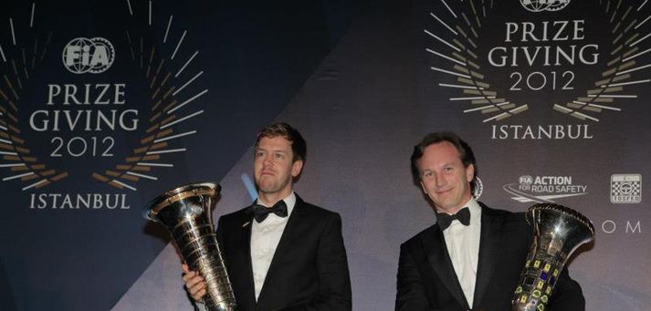 Þeir Vettel og Horner voru sáttir með verðlaunin sín.