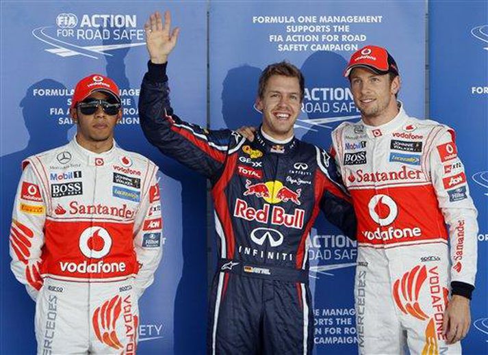 Lewis Hamilton, Sebastian Vettel og Jenson Button eftir tímatökuna í Japan.