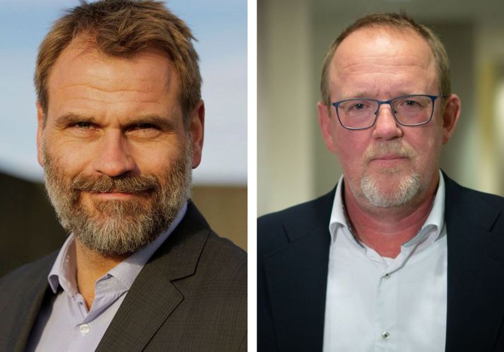 Árni Páll Árnason, varaforseti stjórnar Eftirlitsstofnunar EFTA (ESA), og Páll Gunnar Pálsson, forstjóri Samkeppniseftirlitsins. Starfsmenn eftirlitsins aðstoðuðu fulltrúa frá ESA við framkvæmd á fyrirvaralaustri athugan sem var gerð á skrifstofum Skeljar fjárfestingafélags í gær.