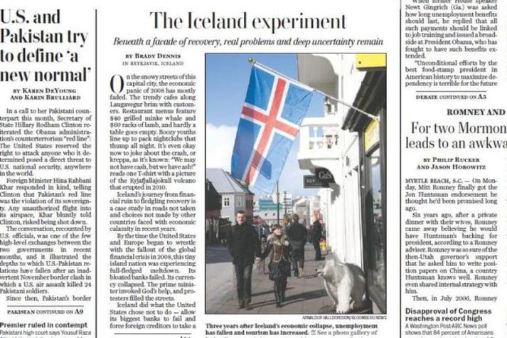 Forsíða Washington Post sést hér. Á henni er fjallað um Ísland undir fyrirsögninni; íslenska tilraunin.