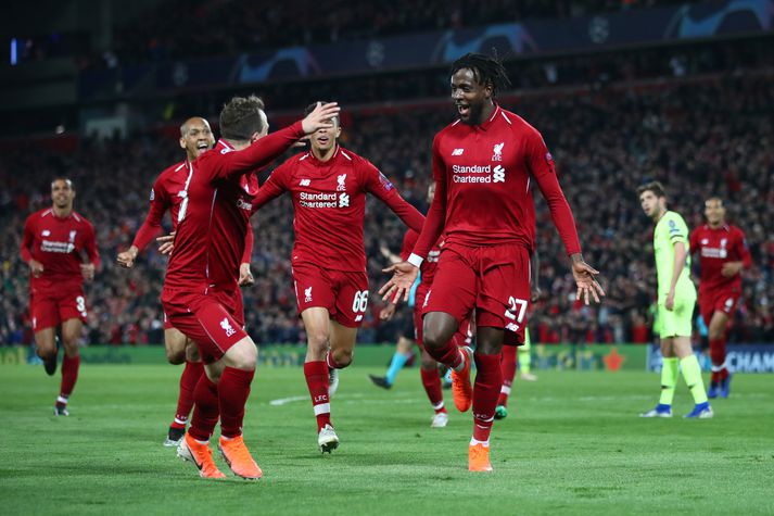 Origi fagnar markinu sem tryggði Liverpool sæti í úrslitaleik Meistaradeildarinnar.