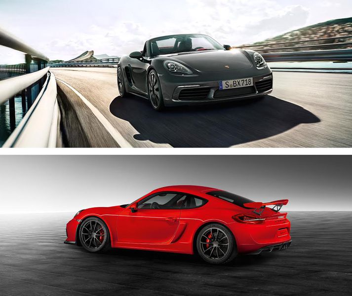 Glæsigripirnir Porsche 718 Boxster og Cayman GT4 verða í sýningarsalnum hjá Bílabúð Benna.