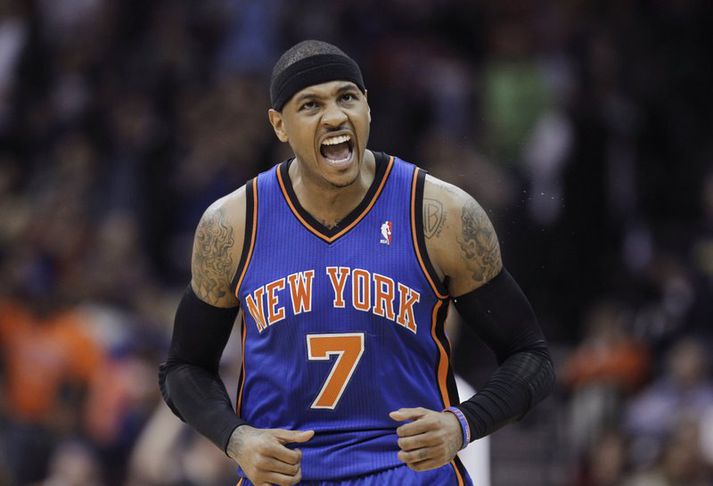 Carmelo Anthony skoraði 21 af alls 33 stigum sínum í fjórða leikhluta í 104-95 sigri New York gegn New Jersey í NBA deildinni í gær.