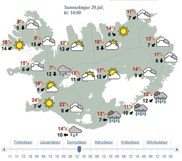 Spákort næstkomandi sunnudags.