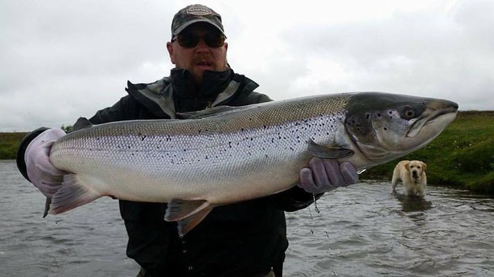 Hjörleifur Steinarsson með stórlax úr Eystri Rangá.