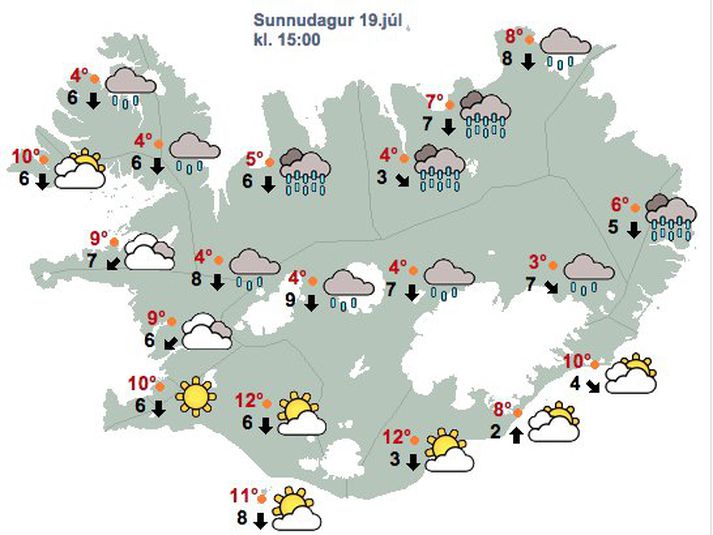 Svona verður staðan seinni part sunnudag.