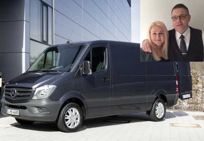 Karten Meyerdahl og hin Hvít-rússneska eiginkona hans en þau eru nú flúin til heimalands hennar. Mercedes Benz Sprinter sendibíll er einn þeirra stolnu bíla sem hann seldi til Íslands.