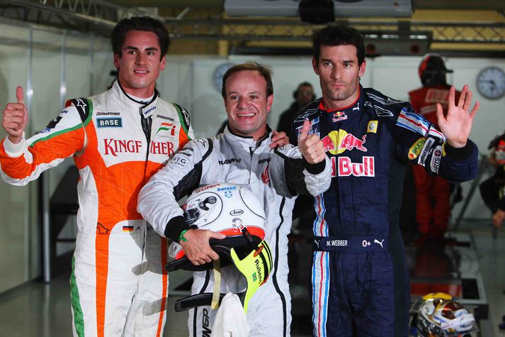 Rubens Barrichello er fremstur á ráslínu, en Mark Webber og Adrian Sutil eru honum næstir.