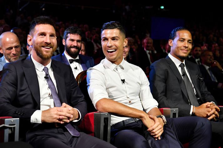 Messi og Ronaldo kátir í gær.