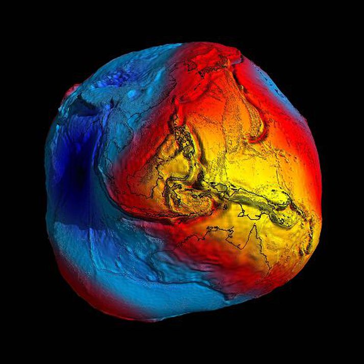 Mynd af dreifingu þyngdarafls á jörðinni. Sterkast er það á gulu svæðunum en gætir minnst á þeim bláu.nordicphotos/AFP