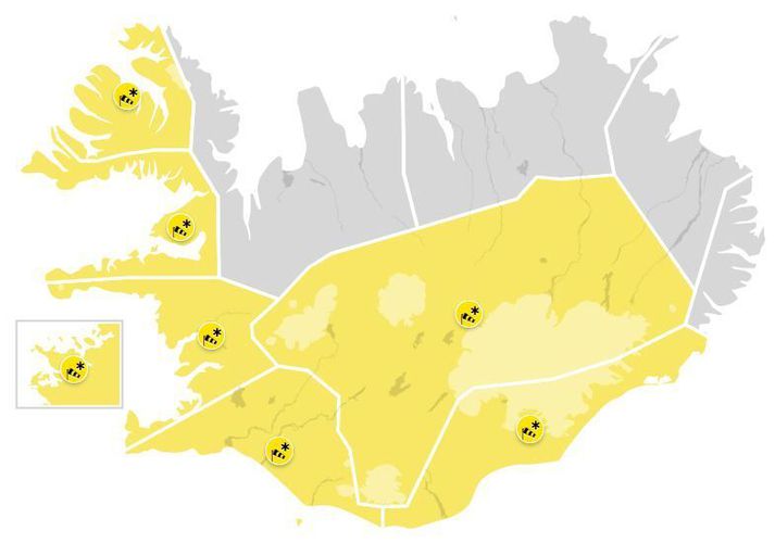 Gular viðvarnir taka gildi vegna hríðarveðurs á höfuðborgarsvæðinu, Suðurlandi, Faxaflóa, Suðurlandi, Breiðafirði, Vestfjörðun, Suðausturlandi og Miðhálendi í dag.