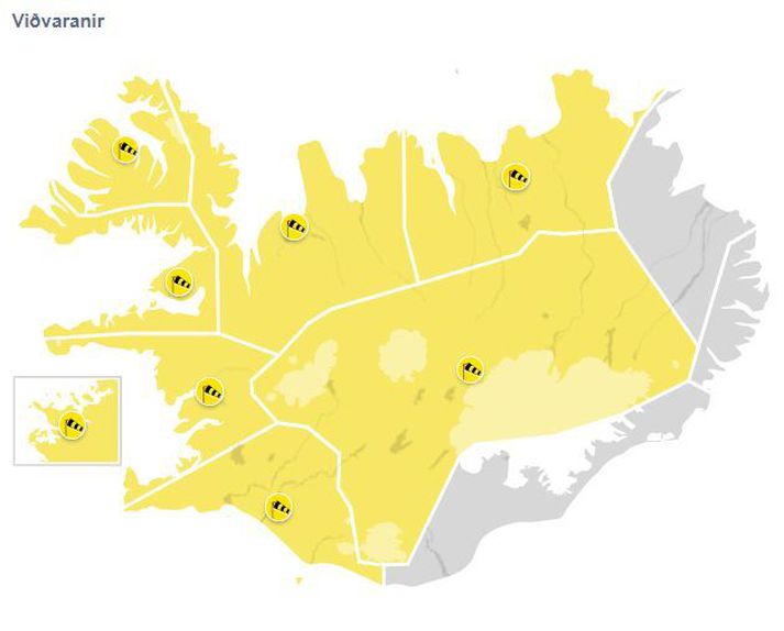 Gular viðvaranir hafa verið gefnar út fyrir morgundaginn. 