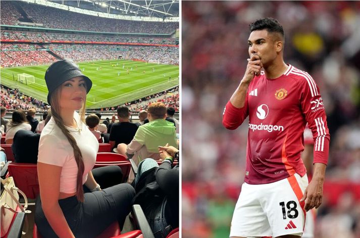 Anna Mariana Casemiro styður sinn mann sem átti afar erfitt uppdráttar í stórleiknum gegn Liverpool í gær.