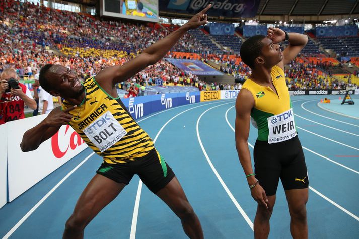 Usain Bolt og landi hans Warren Weir sem tók silfrið.