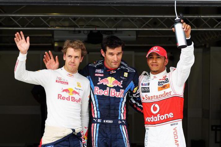 Sebastian Vettel, Mark Webber og Lewis Hamilton eftir tímatökuna í dag.