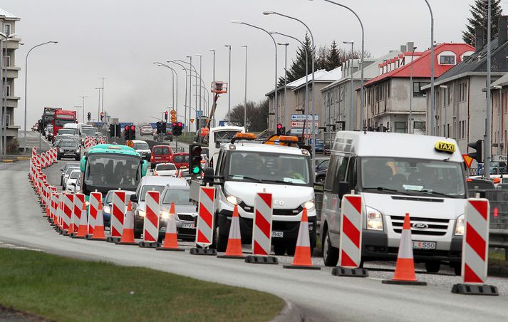 Frá Miklubraut í morgun en umferð í vesturátt er mest á morgnana þegar fólk streymir til vinnu í miðborgina.