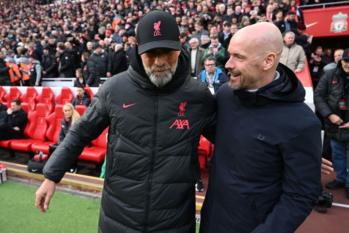 Jürgen Klopp með Erik ten Hag fyrir leik liðanna þeirra í ensku úrvalsdeildinni.