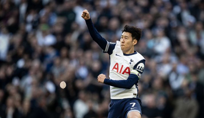 Son Heung-Min fagnar jöfnunarmarki sínu gegn Bournemouth í dag.