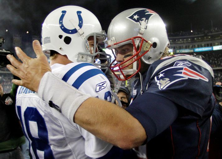 Peyton Manning og Tom Brady eru tvær af skærustu stjörnum NFL-deildarinnar.