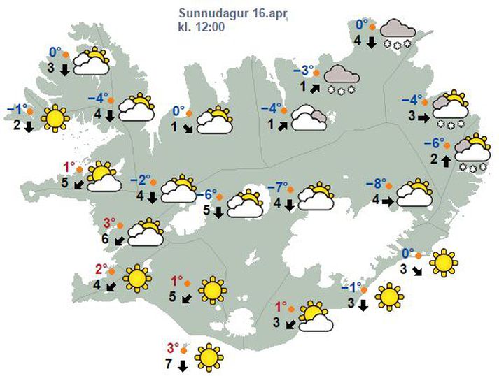 Svona verður veðrið á hádegi á páskadag, þegar páskaeggjaátið nær vafalaust hámarki, ef spá Veðurstofu Íslands gengur eftir.