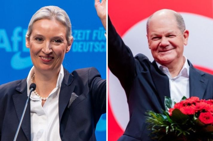 Alice Weidel, til vinstri, er kanslaraefni AfD, en Olaf Scholz kanslaraefni Sósíaldemókrata.